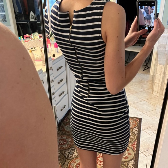 Navy Blue and white striped dress, fitted - Picture 2 of 2